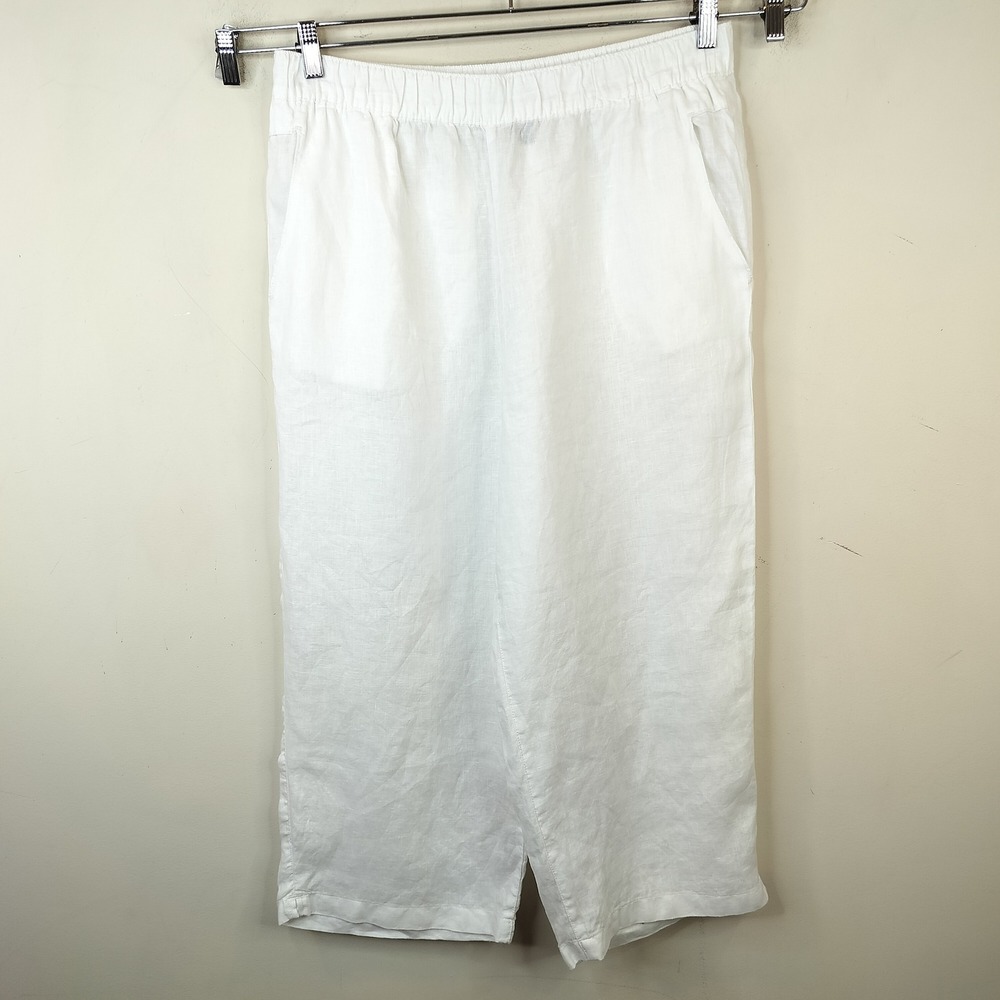 Tahari Organic Linen Wide Leg Crop Pants XL Elastic Waist Pockets Coastal White